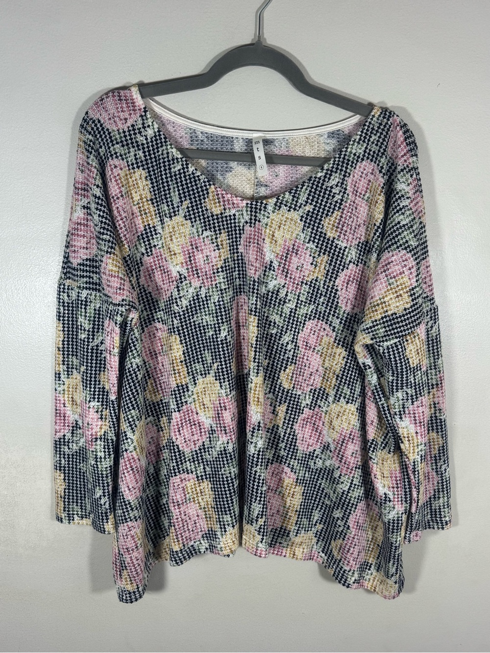 mts Floral V-Neck Long Sleeve Top in Navy, Pink & Yellow